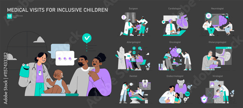 Medical Visits for Inclusive Children. Flat Vector Illustration