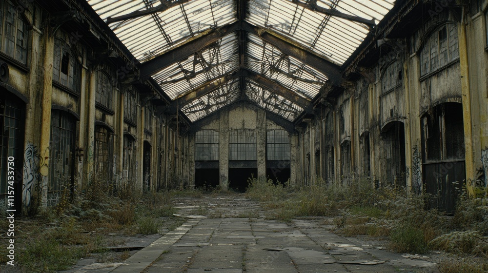 Overgrown abandoned industrial building interior. Overgrown abandoned industrial building interior.