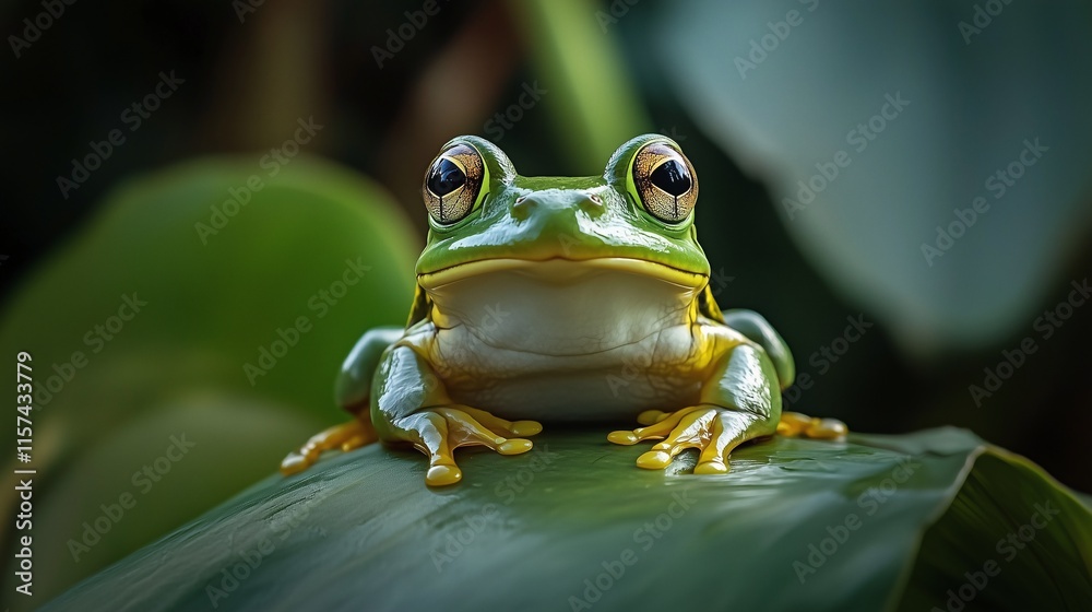 Close-up of a green frog sitting on a leaf with vivid eyes and a blurred jungle background. Close-up of a green frog sitting on a leaf with vivid eyes and a blurred jungle background.