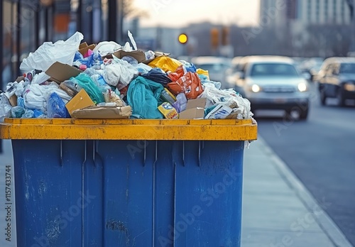 A photo of a blue and yellow commercial dumpster filled with garbage, on the street corner in front of cars, with a blurred background. photo