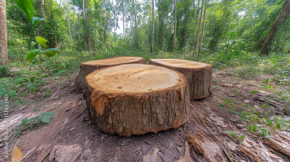 Fototapeta premium Three Tree Stumps in a Forest Clearing, Tree Removal Service Picture