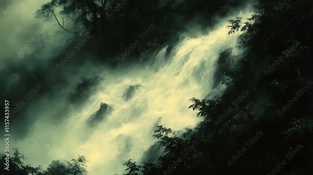 Misty Waterfall Cascading Through Lush Green Forest Misty Waterfall Cascading Through Lush Green Forest