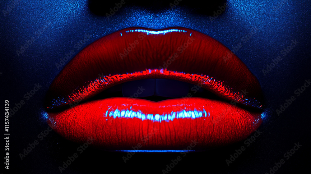 A close-up of glossy red lips, lit with blue lighting for a dramatic effect. A close-up of glossy red lips, lit with blue lighting for a dramatic effect.