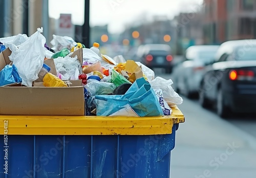 A photo of a blue and yellow commercial dumpster filled with garbage, on the street corner in front of cars, with a blurred background. photo