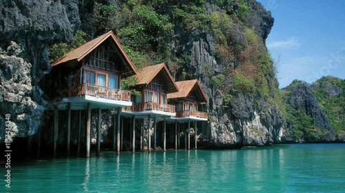 Overwater bungalows nestled in a tropical bay, surrounded by lush cliffs and crystal-clear turquoise water.