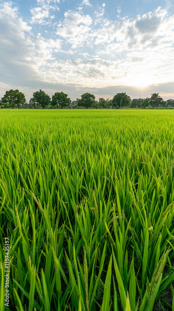 Rice Paddy Field with Trees and Partly Cloudy Sky