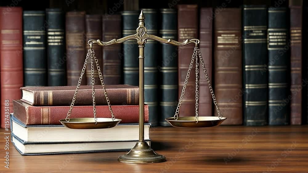 Antique scales rests amidst a collection of law books, symbolizing the essence of justice and legal knowledge at library setting