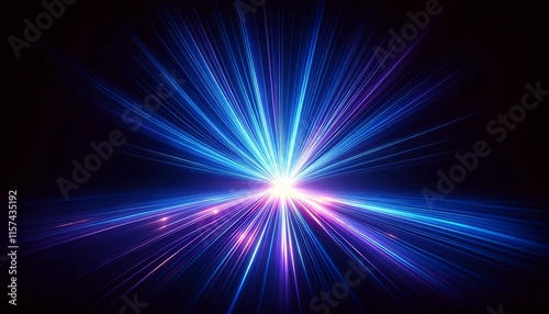 Blue and violet beams of bright laser light shining on black background
