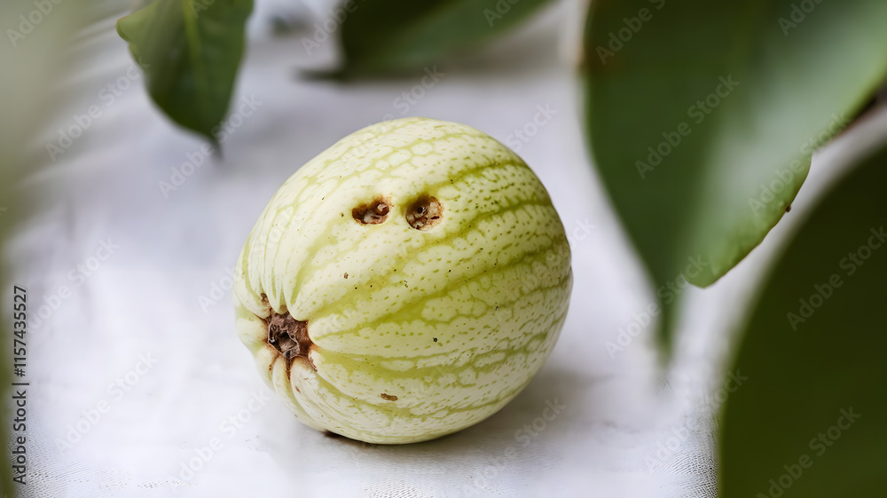 A photo of a guava fruit with a light green and white speckled skin, placed on a white background. A photo of a guava fruit with a light green and white speckled skin, placed on a white background.