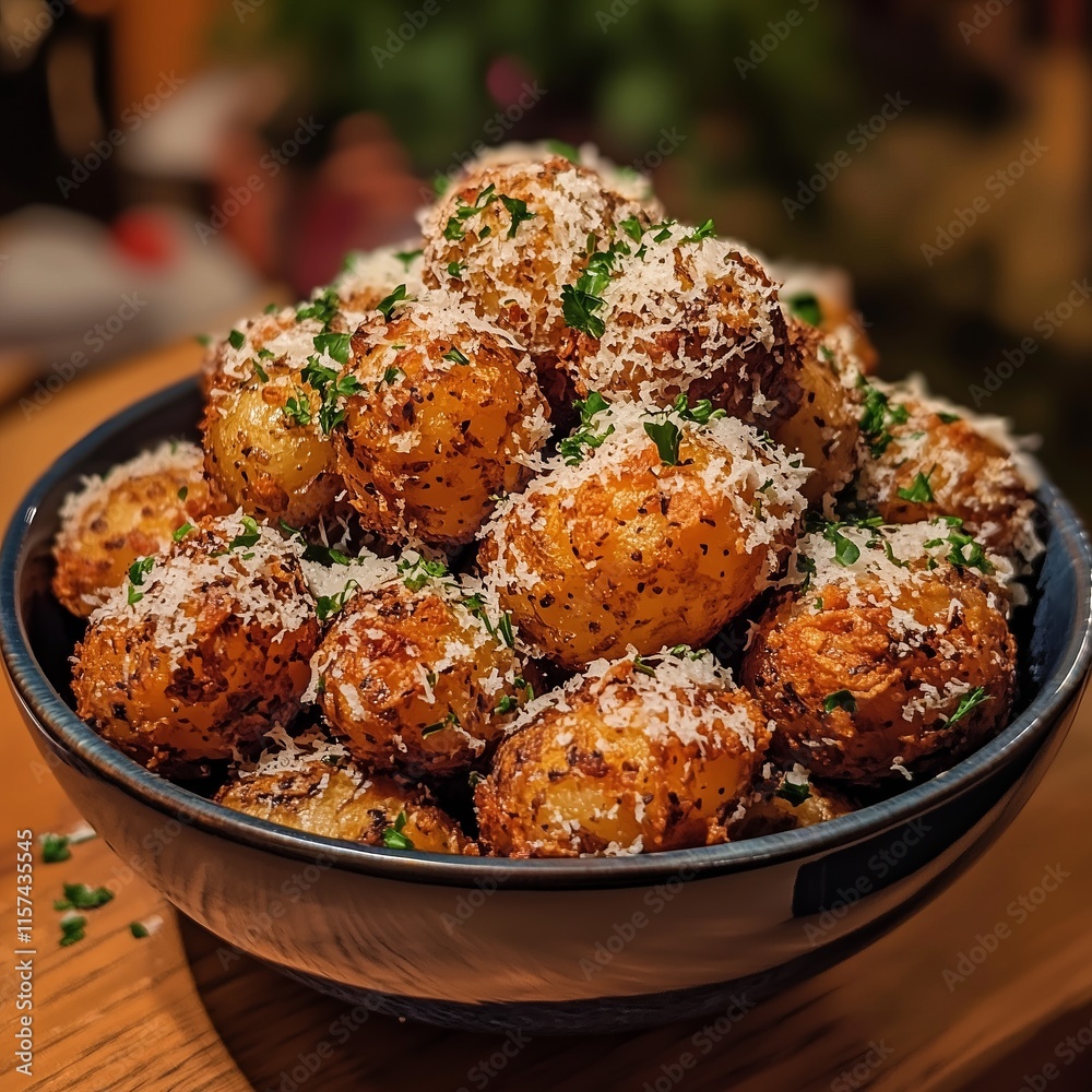 Roasted potatoes with grated cheese and parsley filling a bowl Roasted potatoes with grated cheese and parsley filling a bowl