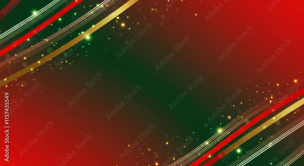 Red and Green Festive Background: A striking backdrop for your holiday designs, featuring a rich red and green gradient with shimmering golden lines and sparkling lights.  Perfect for Christmas.