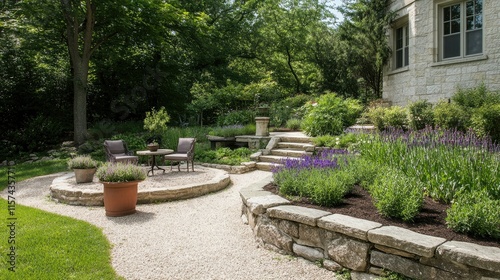 Serene backyard patio with stone walls  lavender  gravel path  and seating area.