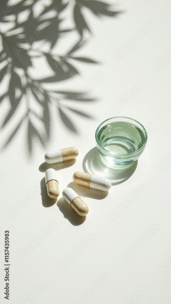A clear glass bowl filled with white magnesium capsules on a table under natural sunlight. A clear glass bowl filled with white magnesium capsules on a table under natural sunlight.