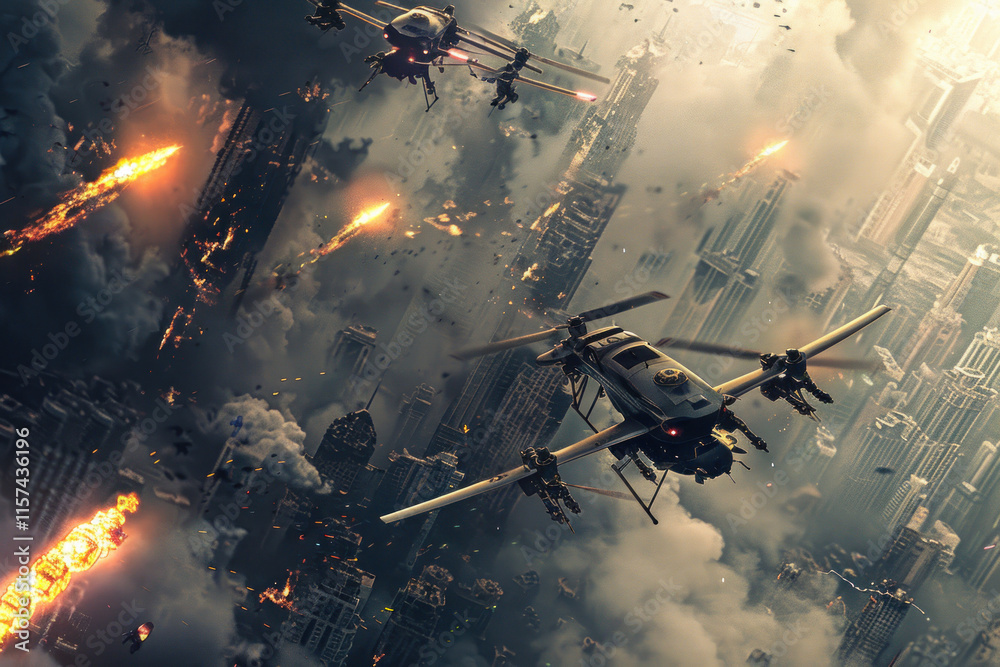 Naklejka premium military drones in action, dramatic and detailed view, high-definition shots