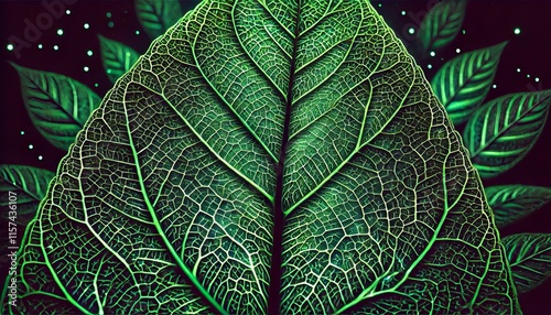 Close-up macro image of a leaf's intricate vein network against a deep green background a striking representation of natural patterns, texture, and organic structure