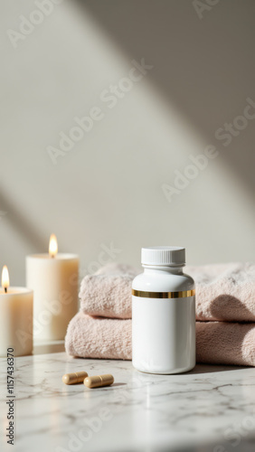 Magnesium supplement bottle on a marble countertop with candles and towels.