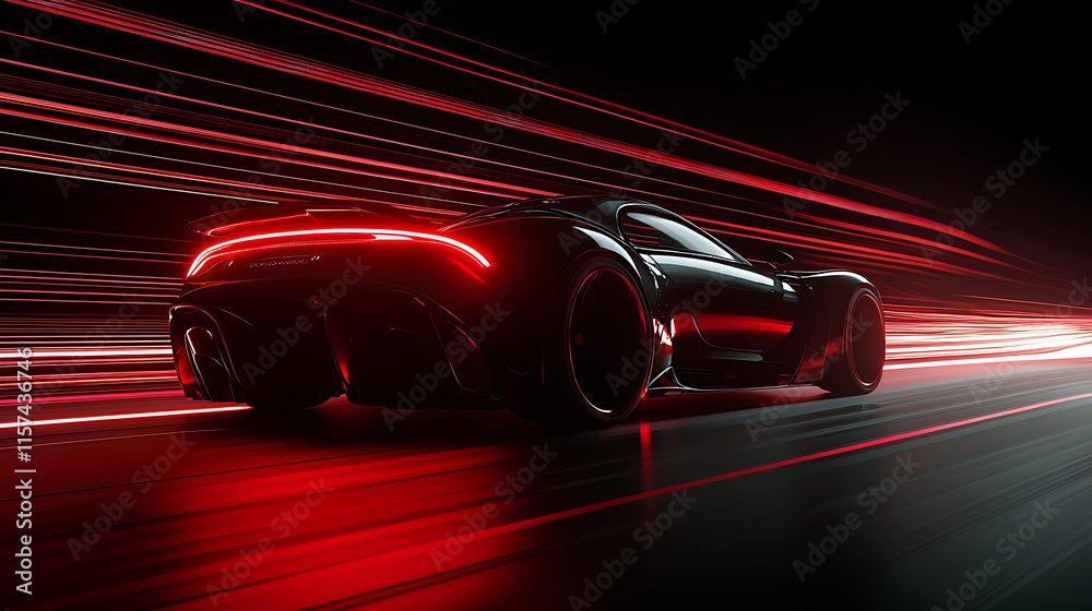 Sleek black sports car with dynamic red light trails Sleek black sports car with dynamic red light trails