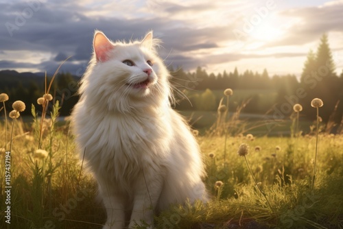 Portrait of a smiling american curl cat isolated in quiet countryside landscape photo