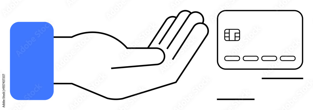 Hand reaching out towards a credit card, representing concepts of payment, finance, and transactions. Ideal for financial services, e-commerce, banking, digital payments, consumer finance cashless Hand reaching out towards a credit card, representing concepts of payment, finance, and transactions. Ideal for financial services, e-commerce, banking, digital payments, consumer finance cashless