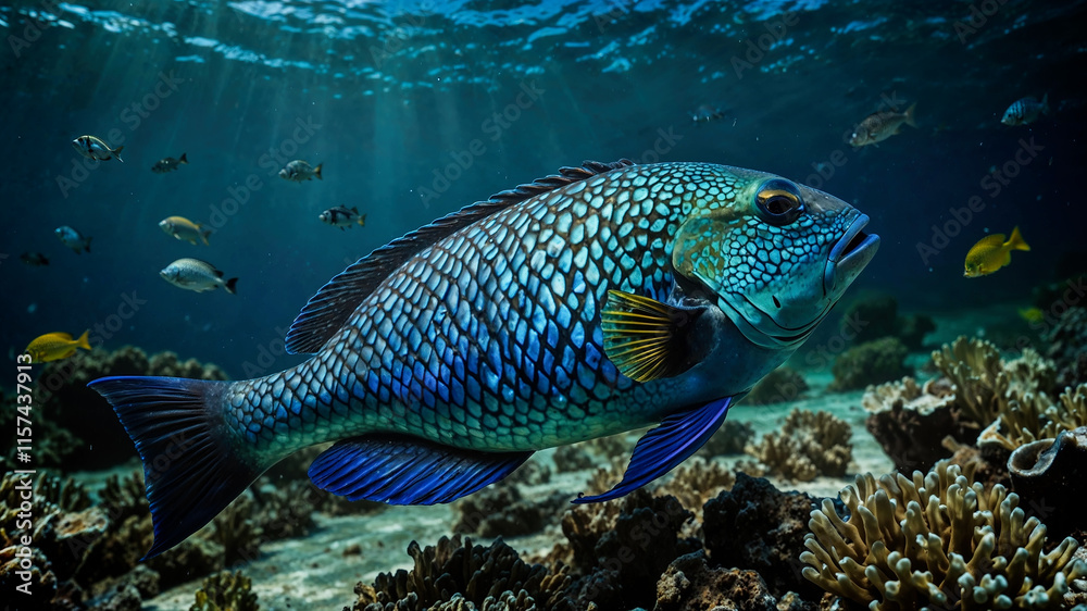Vibrant underwater scene featuring a stunning blue fish with intricate scales swimming amidst coral reefs.AI Generated. Vibrant underwater scene featuring a stunning blue fish with intricate scales swimming amidst coral reefs.AI Generated.