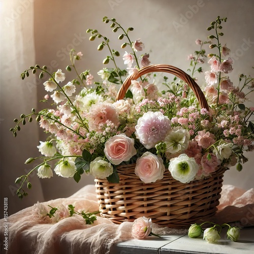 Beautiful straw bag with seasonal flowers of hyacinth and carnation blossom