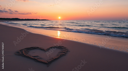 Sunset Beach Scene with Heart-Shaped Sand Drawing