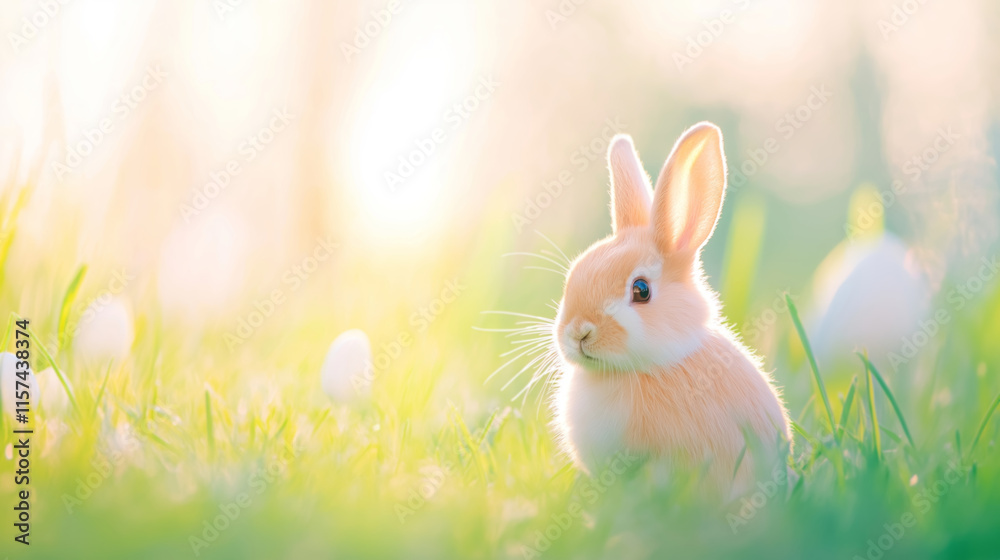 Adorable bunny in grassy field with soft sunlight. Easter banner with copy space.