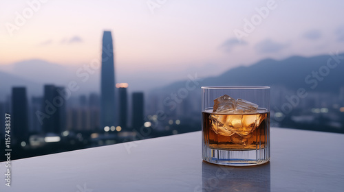 Rocks Glass of Whiskey with Cityscape Background at Dusk photo