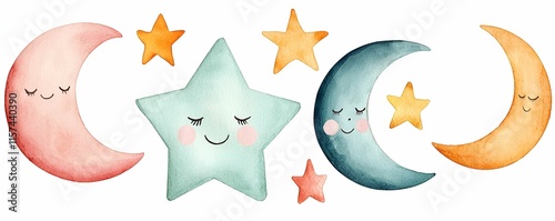 Cute pastel watercolor  concept. Playful watercolor moons and stars with smiling faces in soft pastel colors.