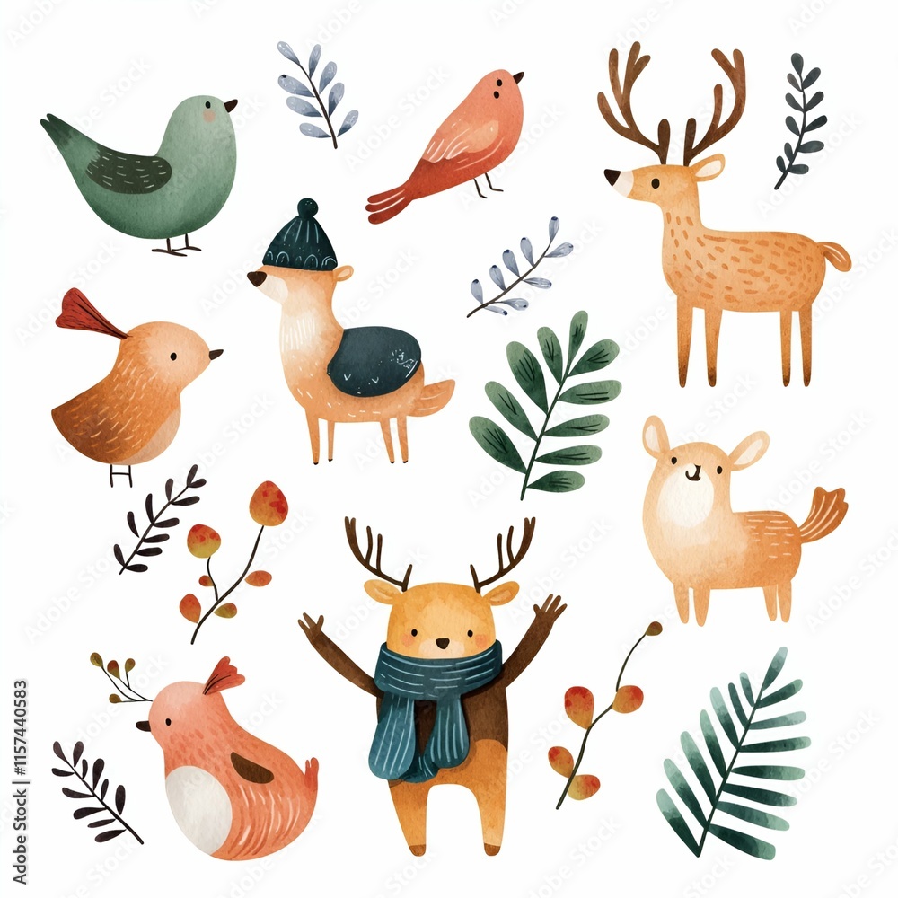 Fototapeta premium Cute pastel watercolor concept. Colorful illustrations of cute animals and birds surrounded by leaves and plants.