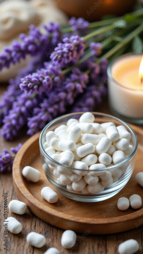 Magnesium capsules displayed alongside lavender buds on a wooden surface with natural light. Magnesium capsules displayed alongside lavender buds on a wooden surface with natural light.