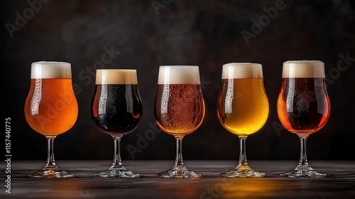 Variety of beer glasses showcasing different types of beer in a dimly lit setting photo