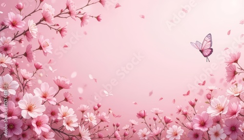 Delicate pink flowers and butterflies on a soft pastel background