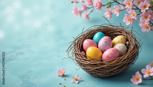 Easter eggs in a nest with pink blossoms on a pastel background