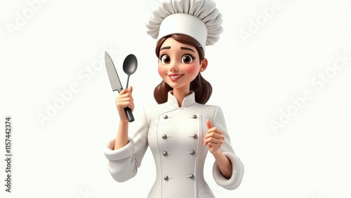 A female chef with a confident smile, holding a knife, conveying professionalism and culinary skill, suitable for cooking shows and classes photo