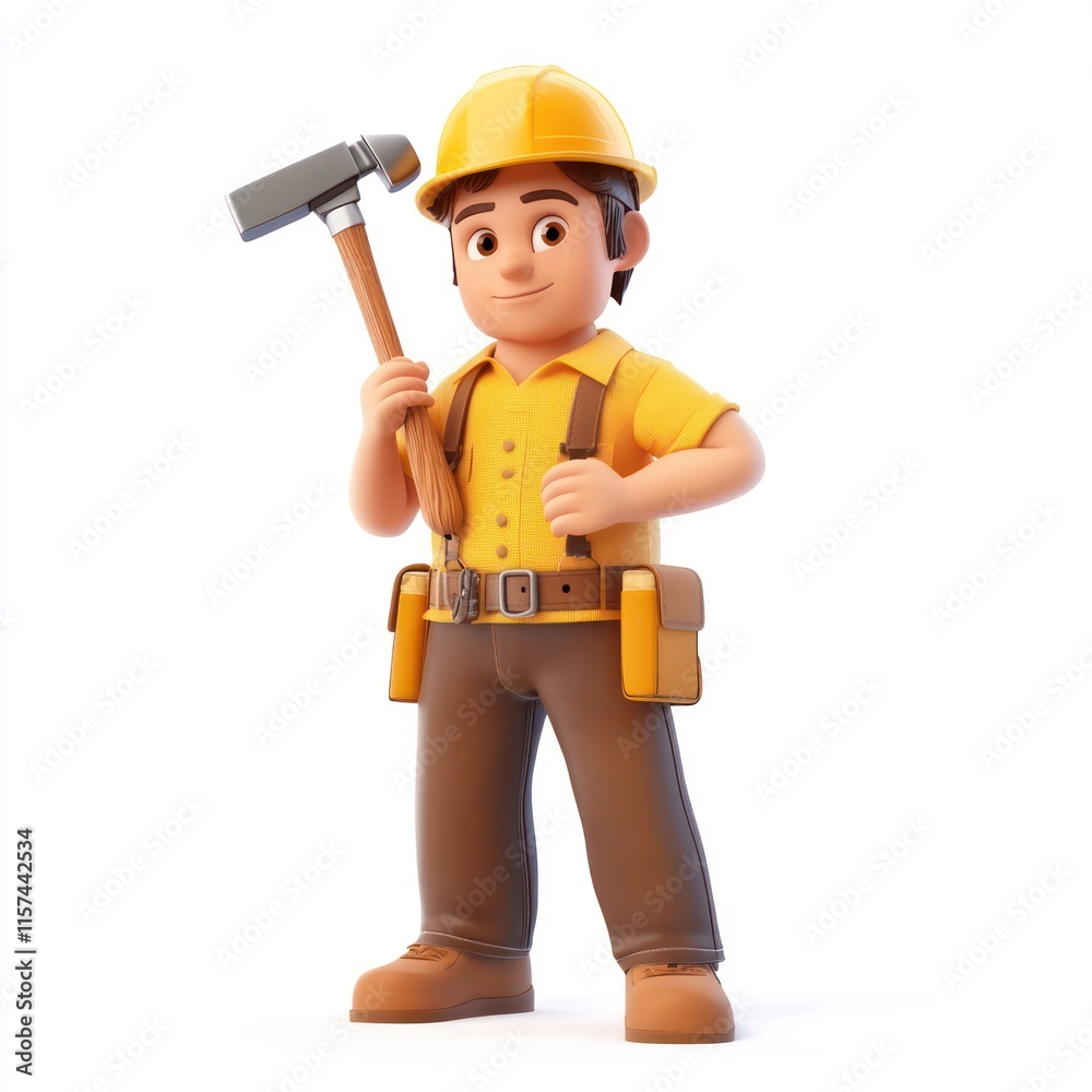 A construction worker with a hard hat, holding a hammer. vector style art 3d illustration Isolated on White Background A construction worker with a hard hat, holding a hammer. vector style art 3d illustration Isolated on White Background