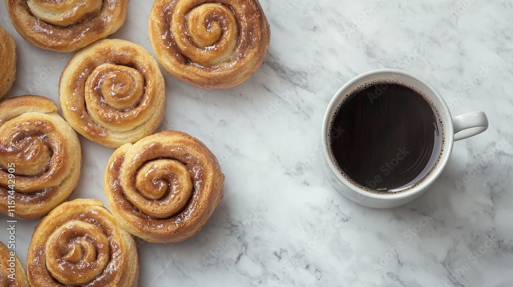 Fototapeta premium Freshly baked cinnamon rolls beside a cup of coffee.