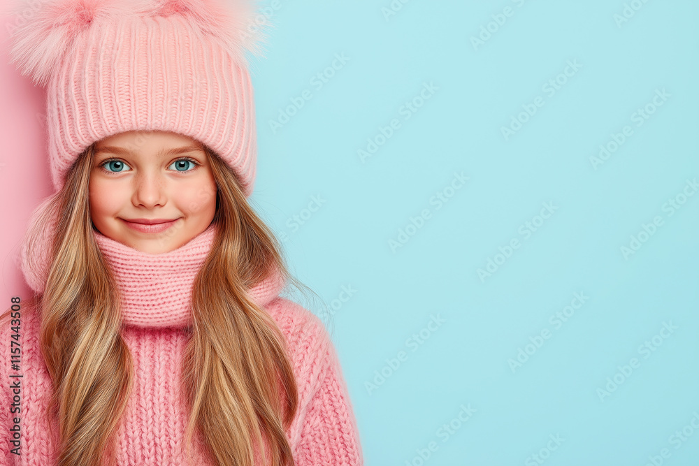 Young girl in pink winter attire smiles against a blue background on a chilly day Young girl in pink winter attire smiles against a blue background on a chilly day