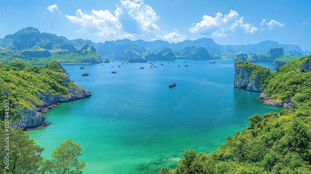 Panoramic view of a tropical bay with turquoise water, lush green islands, and traditional boats under a sunny sky. Panoramic view of a tropical bay with turquoise water, lush green islands, and traditional boats under a sunny sky.
