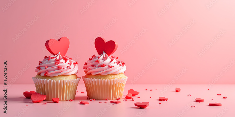 cupcakes with red hearts on a pink background cupcakes with red hearts on a pink background