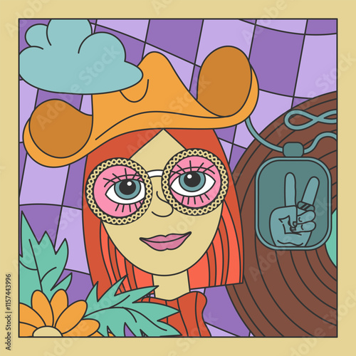 Red-haired hippie girl in a wide-brimmed cowboy hat against the background of a vinyl record and flowers. Groovy style poster. Vector illustration