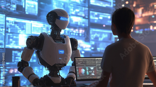 An AI robot interacting with a user in a futuristic workspace filled with dynamic graphics.