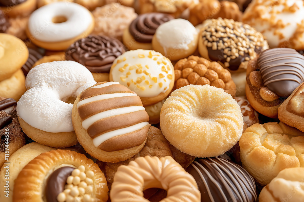 Variety of colorful and delicious donuts displayed together at a bakery Variety of colorful and delicious donuts displayed together at a bakery