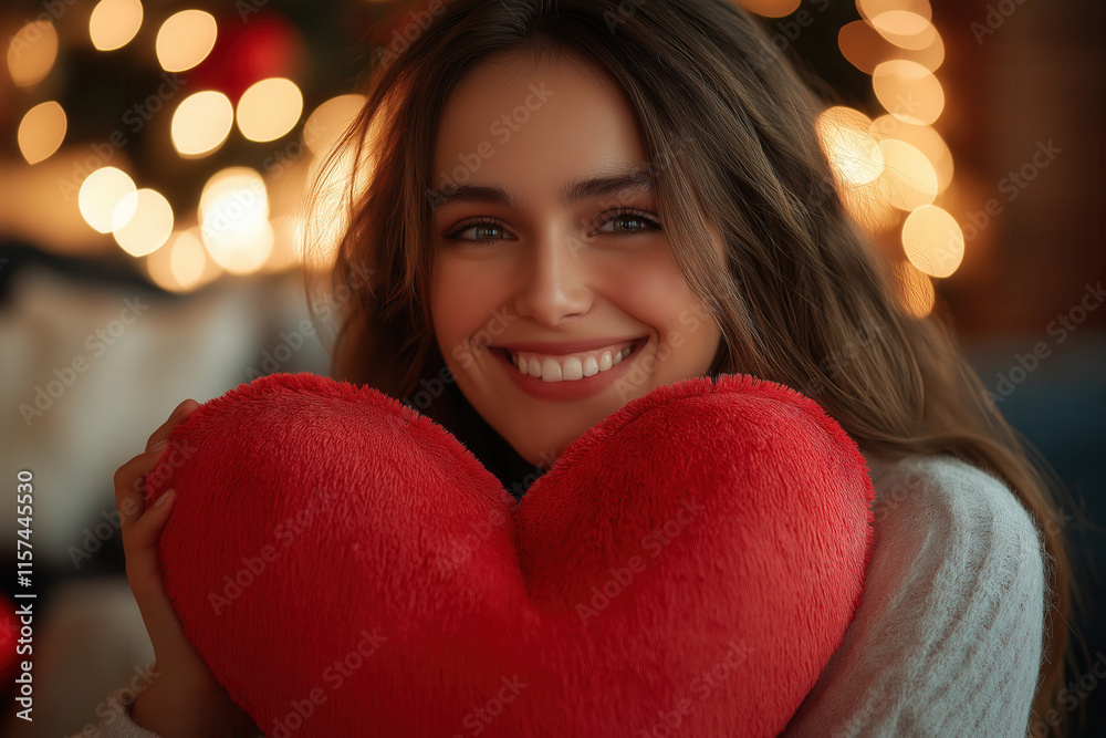 A woman is joyfully holding a lovely heartshaped pillow close to her chest and smiling warmly, radiating happiness and love. Romantic gestures for individuals with special needs A woman is joyfully holding a lovely heartshaped pillow close to her chest and smiling warmly, radiating happiness and love. Romantic gestures for individuals with special needs