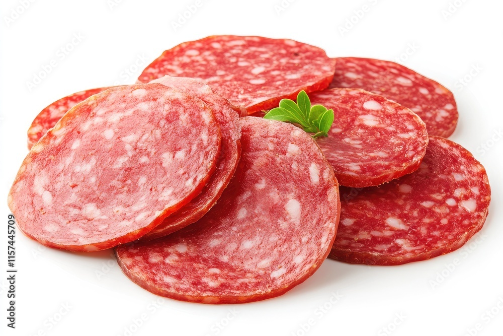 Slices of salami with herbs on white background Slices of salami with herbs on white background