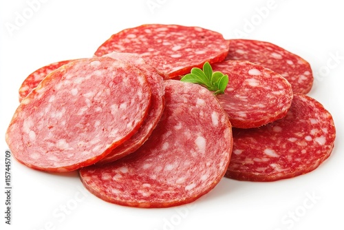 Slices of salami with herbs on white background