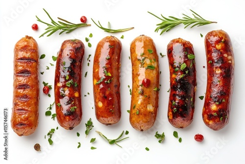 Grilled sausages with herbs and spices on white background photo