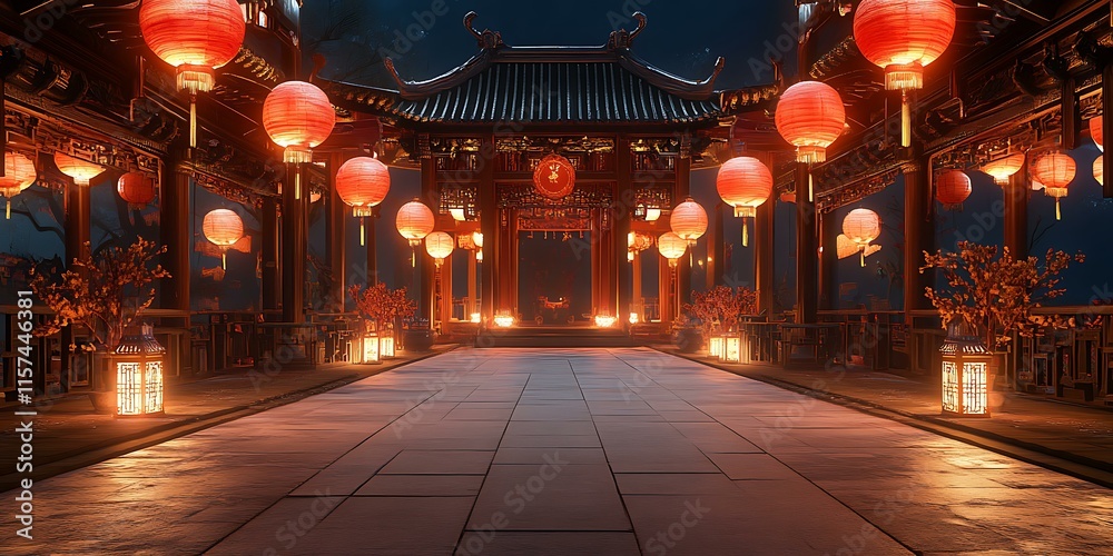 Obraz premium New Year decoration, Chinese lanterns, lanterns, Chinese temple fair, Chinese lantern festival, light, front and back view, HD, masterpiece, 8K, real style,