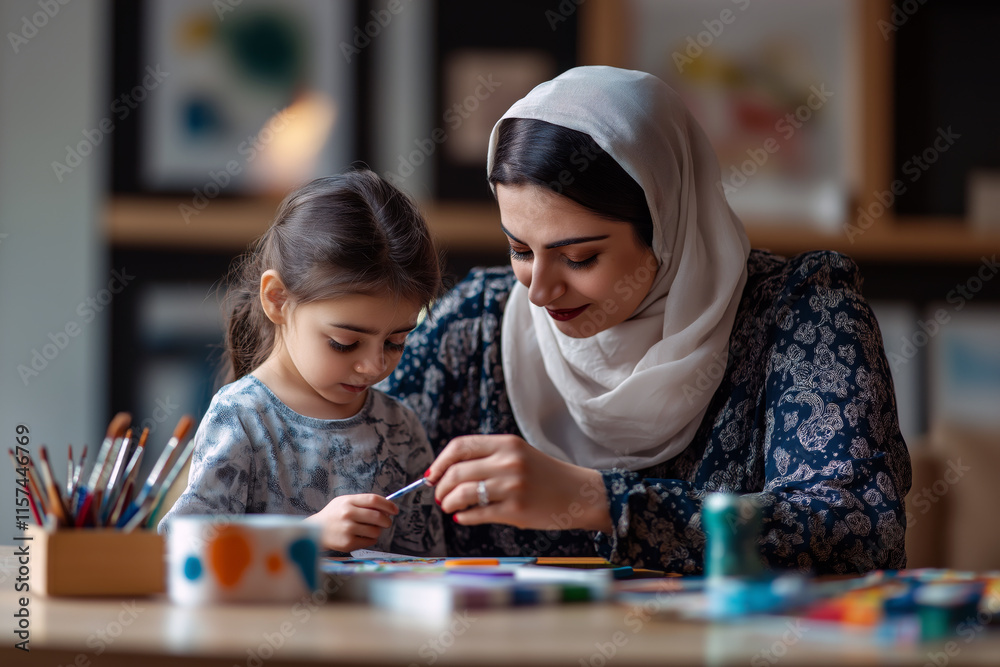Fototapeta premium Arab mother and daughter in a stylish living room playing with art supplies.