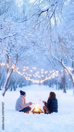 Two individuals are sitting together around a warm fire in the snowy landscape, enjoying the chilly winter atmosphere outside. Romantic picnics in winter landscapes